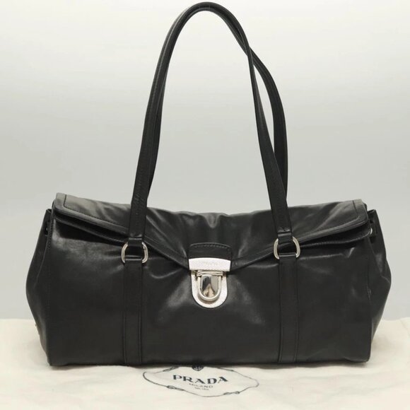 PRADA Shoulder Bag Leather Black Silver Auth - Picture 1 of 15